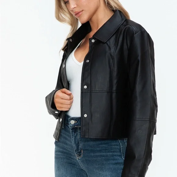 Snobbish Snap Down Long Sleeve PU Leather Jacket - Picture 9 of 12